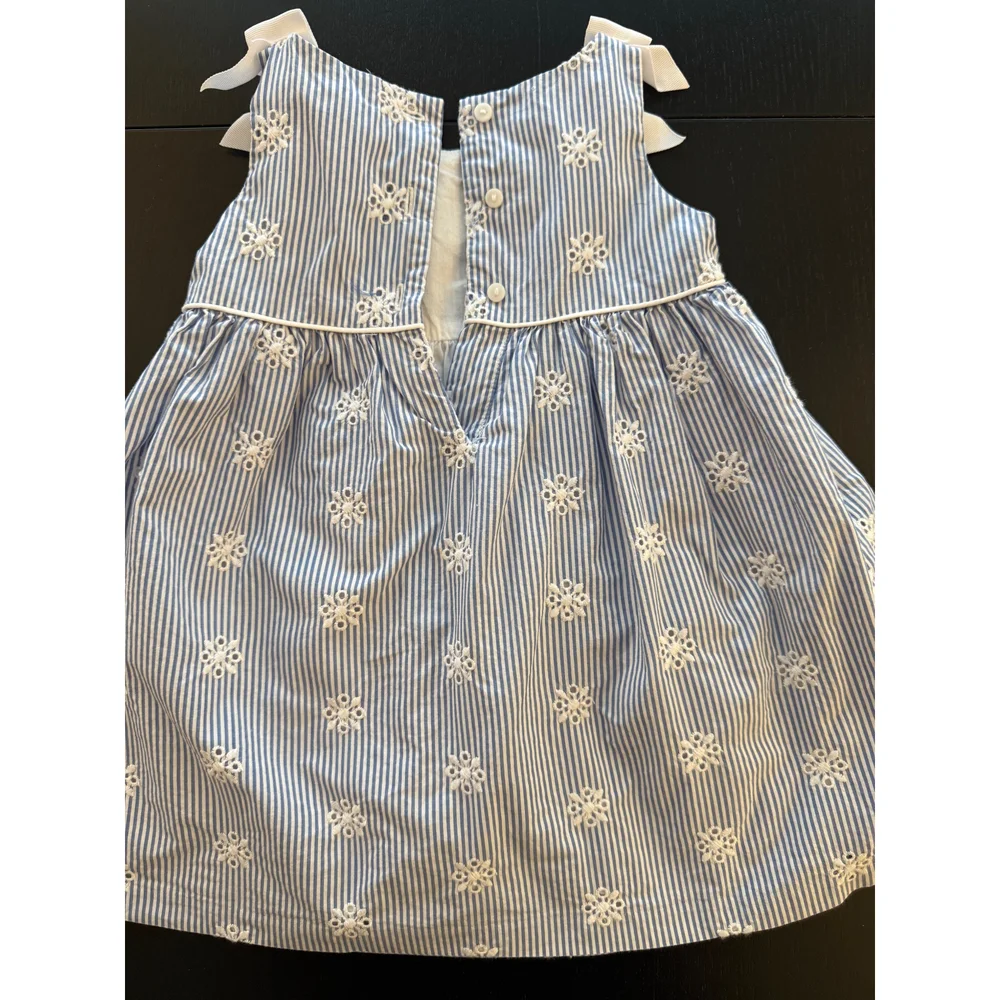 Gymboree Toddler Pinstriped Eyelet Dress Girls 18-24m‎ Blue Lined w/ Bow Accent
